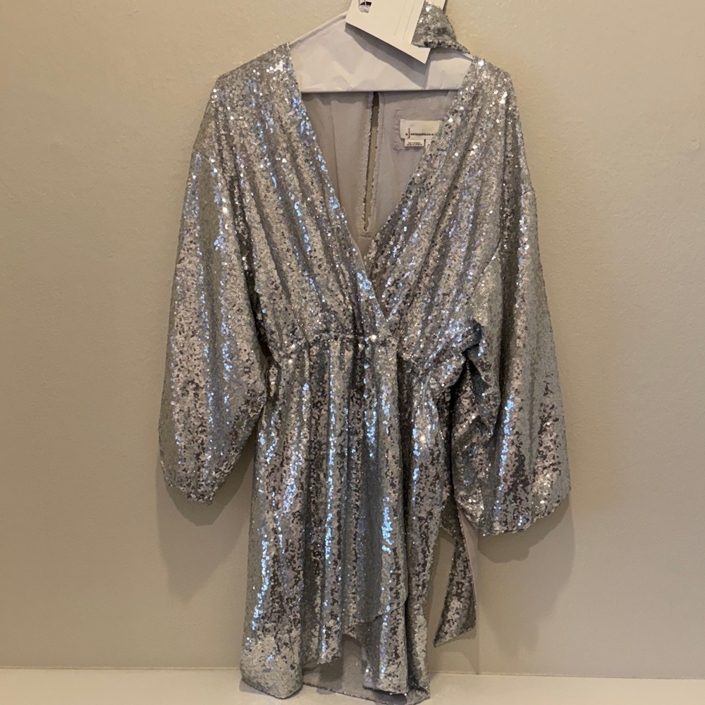 Anthropologie Silver Sequin Wrap Dress